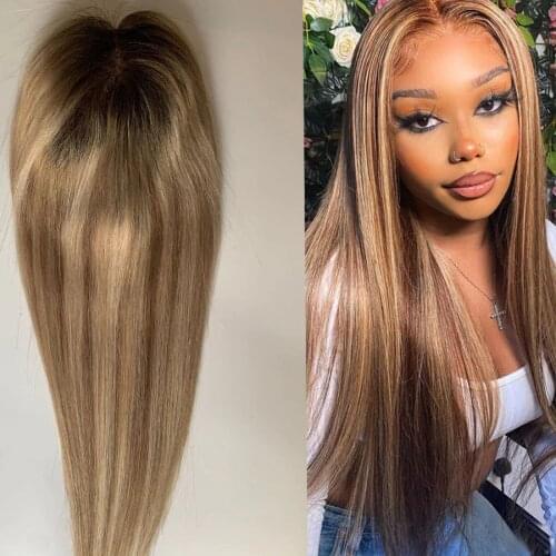 Ombre Human Hair Toppers Clip in Extensions 18*20cm 8-20inch Natural Straight Highlight Color Full mono+pu Remy Hair for Women