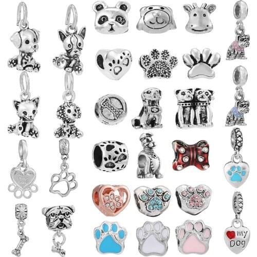 2Pcs/Lot Silver Color Cute Dog Paw Bone Charm Dangles Fit DIY Original Beads Bracelets Necklaces For Women Kids Jewelry Making