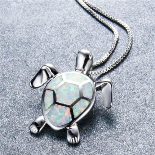 Cute Turtle Shape White Fire Opal Pendant Necklace For Women Jewelry Party Wedding Christmas Gifts Female Statement Gift Jewelry