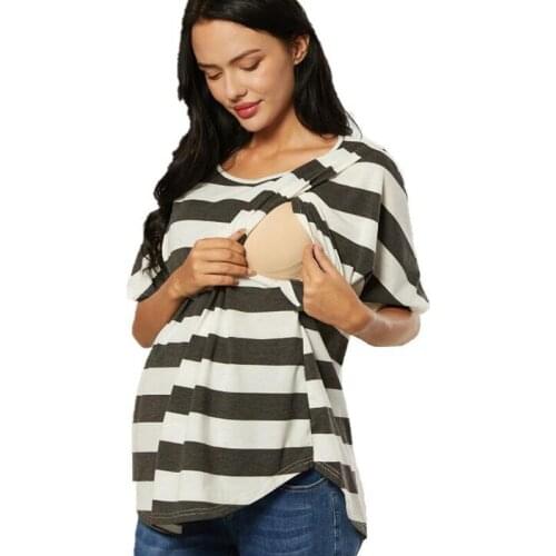 Striped Ruffles Breastfeeding Womens Nursing Maternity Short Sleeves Sweatshirts Pregnancy Layered Tops For Pregnant Women 2021