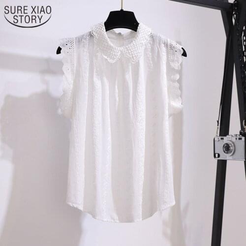 Shirt Summer New Doll Collar Versatile Korean Style Top Lace Shirt Women Sleeveless Ruffled Women Tops and Blouse Blusas 14661