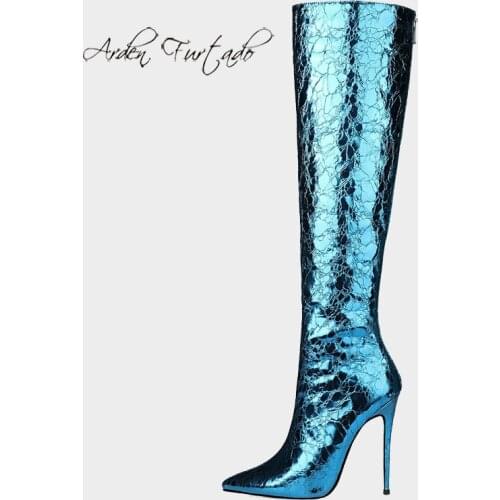 Arden Furtado Spring autumn Fashion Womens Shoes Slip-on Pointed Toe Stilettos Heels Blue Sexy Elegant Knee High Boots 44 45