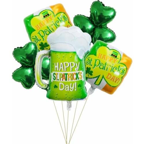 5pcs/set Ireland Patricks Day balloons Ireland Festival Aluminum Film Balloon Green Clover Wine Cup air Balloon