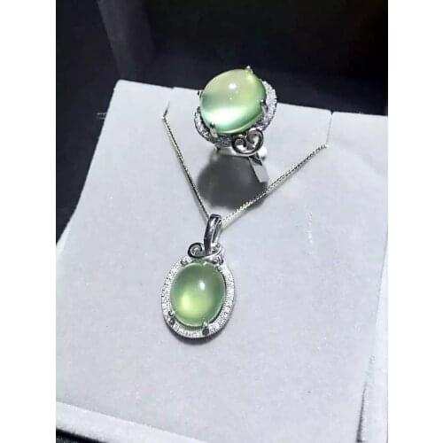 Natural Prehnite Jewelry Sets Ring/Pendant for Women Party 10x12mm Big Pure Genuine Gemstone Fine Jewelry S925 Sterling Silver