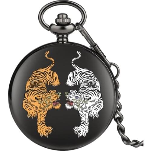 Yellow White Double Tiger Pocket Watch Roman Numbers Black Quartz Pocket Watches Steampunk Men Unique Clock Gifts for Men Women