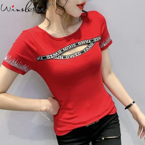 Summer European Clothes T-Shirt Pullover Fashion Sexy Hollow Out Letter Shiny Diamonds Women Tops Short Sleeve Tees New T14029A