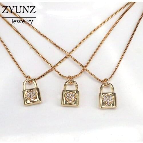 10PCS, Heart Lock Pendant Necklace Zirconia Micro Pave CZ Womens Fashion Jewelry Padlock Shaped Classic Gold Color Jewelry
