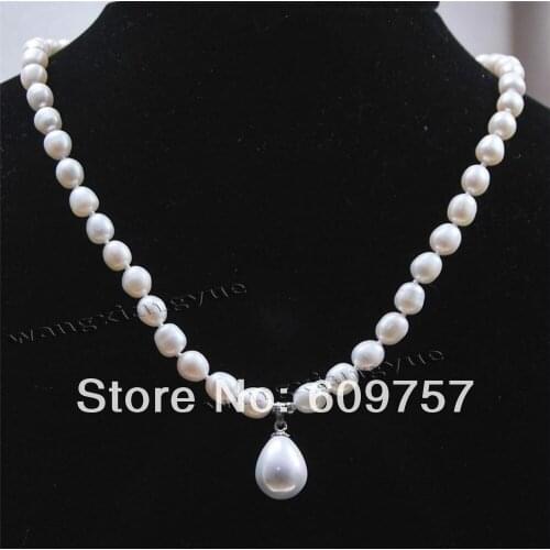 Free Deliver Jewelry 7-8MM White Akoya Cultured Pearl/ Shell Pearl Pendant(12x16MM) Necklace 18" Hook Necklaces