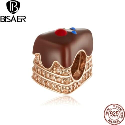 BISAER Chocolate Cake Beads 925 Sterling Silver Birthday Cake Gift Charms Pendant Fit DIY Bracelet Necklace Jewelry