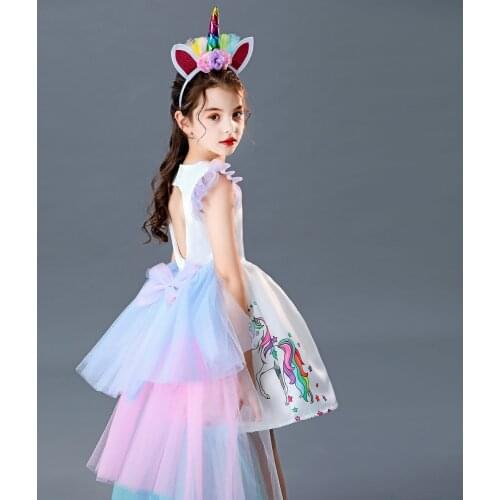 Unicorn Girls Trailing dress childrens net yarn rainbow puffy yarn princess dress for unicorn birthday party 3 to 10 years old