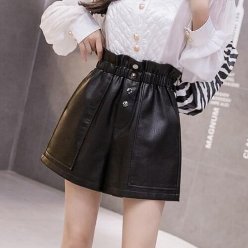Elastic High-Waisted PU Lederhosen For Female New Students Autumn Winter Loose Wide-Leg Shorts Black A-Line Shorts D5278
