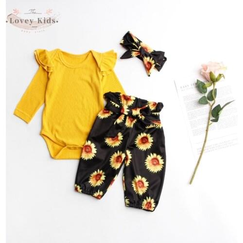 2020 Autumn Fall Baby Girl Cloth Sunflower Print Sunsuit 3pcs Ruffle Long Sleeve Bodysuit Pants Headwear Cotton Soft Red Yellow