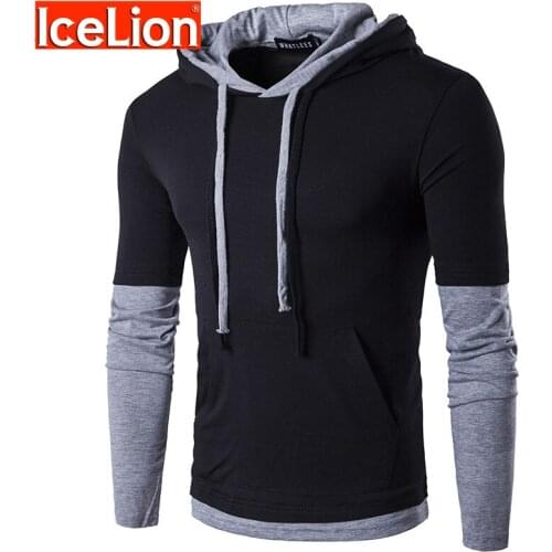 IceLion 2021 Autumn New Patchwork T Shirt Men Long Sleeve O-Neck Hooded Slim Fit Mens T-shirts Fashion Casual Solid Tees Tops