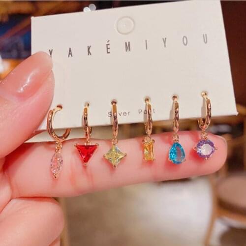 Fashion Colorful Rainbow Crystal Pendant Hoop Earrings Set 6 Pcs Geometric Small Hoop Earrings For Women Jewelry Gift 2021