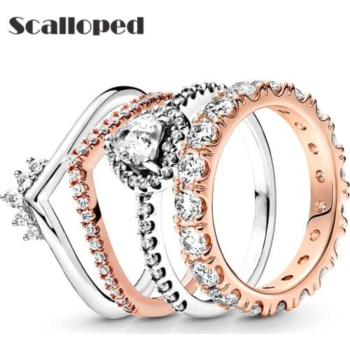 SCALLOPED Fashion Princess Crown Love Stacking Rings For Women High Quality Crystal Wedding Engagement Statement Jewelry Gifts