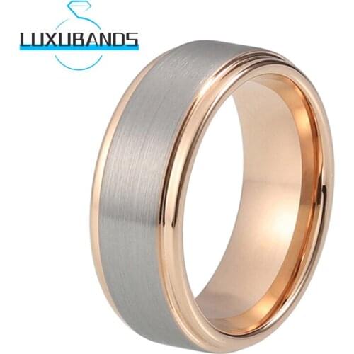 8MM Rose Gold Men Wemens Tungsten Wedding Bands Flat Stepped Edges Engagement Rings Brushed Finished Comfort Fit