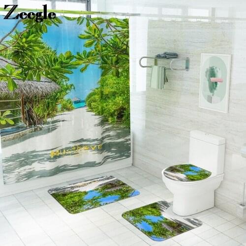 Scenic Pattern Modern Style Floor Carpet for Bathroom Print Shower Curtain Set Anti-slip Toilet Seat Cover Mat Bathroom Mat Set