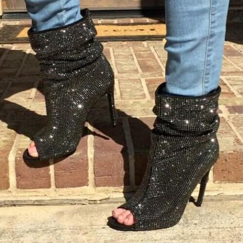 Real pics black rhinestones full studs peep toe ankle boots stiletto high heels black crystal bling bling ankle boots