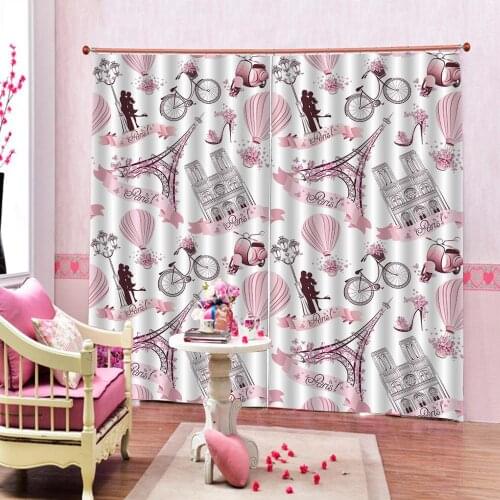 Custom Kiss Curtains Floral Paris Symbols Landmarks Tower Hot Air Balloon Bicycle Romantic Couple Window Drapes for Living Room