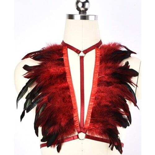 BODY HARNESS Festival Costume Red Feather Epaulette Burning Unisex Shoulder wings Harness Bra Top Pole Dance Rave Body Harness