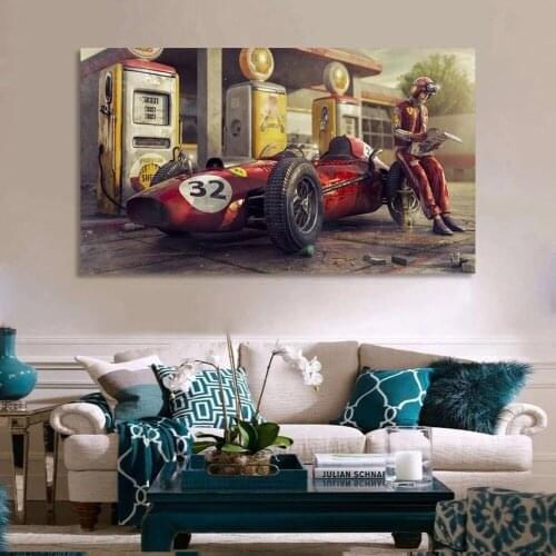 Racer and Vintage Ferrari Racing Canvas Painting Retro Character Landscape Poster Home Decor Wall Art Pictures for Living Room