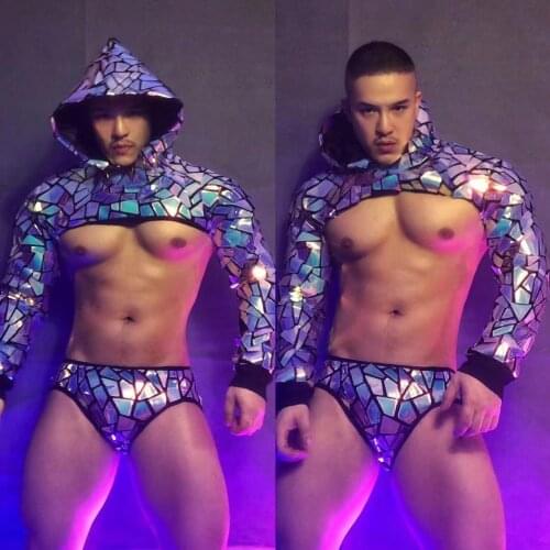 Bar Nightclub Sexy Gogo Costume Silver Purple Laser Sequins Hooded Tops Shorts 2 Pcs Technology Future Theme Mirror Stage Wear