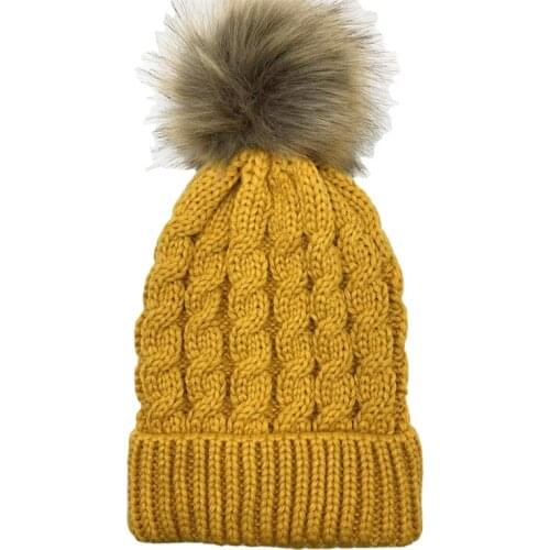 Winter Simple Korean Beanie Cap Candy Color Casual Cable Knitted Hat Fox Fur Pom Pom Warm Soft Elastic Knitting Hats for Women
