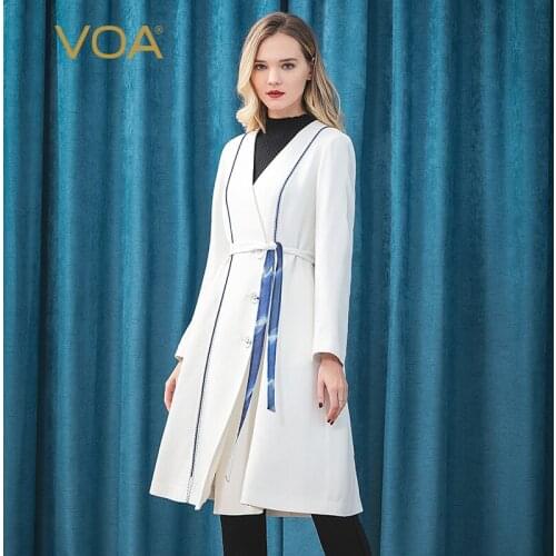 VOA silk 60m/m frosted white heavy deep V-neck tie waist top stitch decoration blue edging long-sleeved trench coat F612
