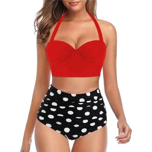 High Waist Womens Two Piece Swimsuit Sexy Push Up Halter Bikini Set Dot Print Ladies Swimwear Summer Bathing Suit Beachwear