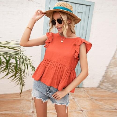 Women Sexy Backless Lace Patchwork Design T-shirt Top Summer Ruffle Sleeve O-neck Solid Color Casual Loose Sweet Pullover Black