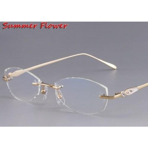 Chashma Designer Eyeglasses Diamond Female Rimless Titanium Glasses Frame Transparent Stone Lenses Women Prescription Spectacles
