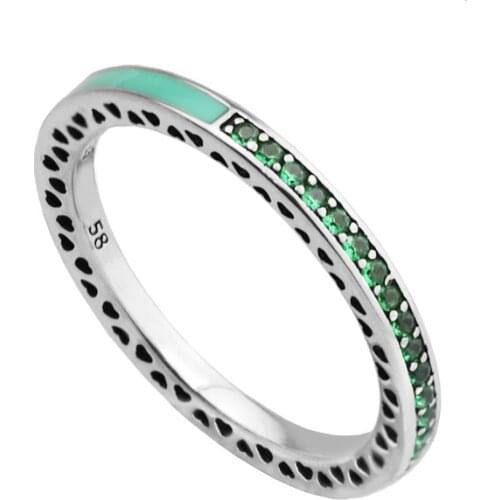 Wholesale 925 Sterling Silver Ring Bright Mint Enamel Green Crystal Radiant Hearts Wedding Rings for Women Jewelry Free Shipping