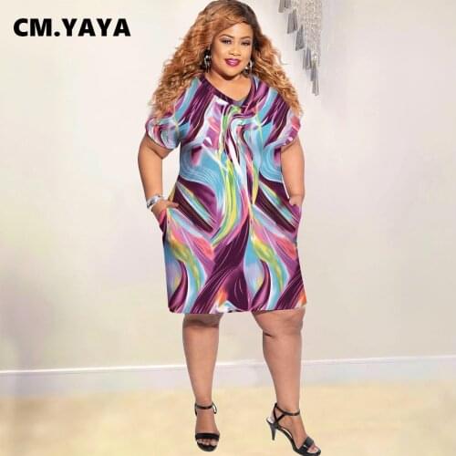 CM.YAYA Women Dress Print V-short Sleeve V-neck Pockets Loost Straight Mini Dresses Office Lady High Street Fashion Dress Summer