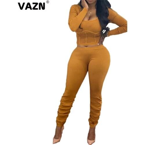 VAZN 2020 Top Quality Knit Dress Sexy Soft Solid Sweet Full Sleeve Top Group High Waist Long Pants Slim Women 2 Piece Set