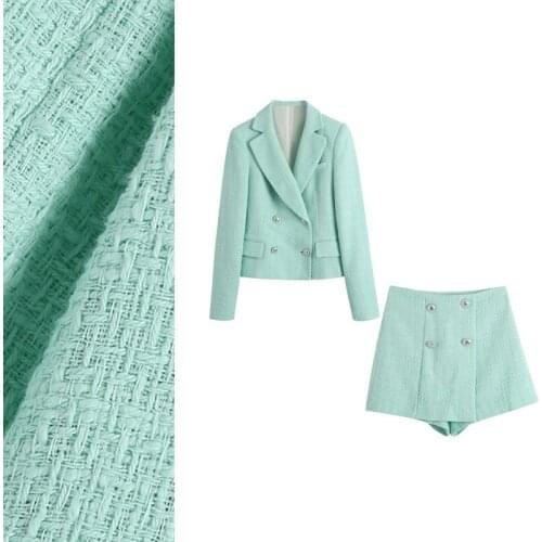 2021 Design womens fashion mint green color tweed woolen double breasted coat and shorts 2 pcs pants twinset plus size XSSML