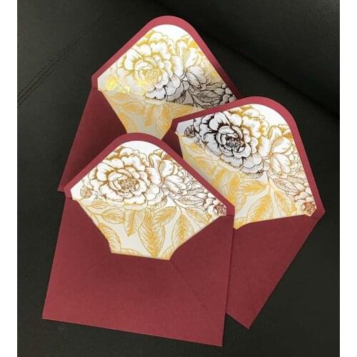 Burgundy invitation envelope with gold foil floral 135x195mm
