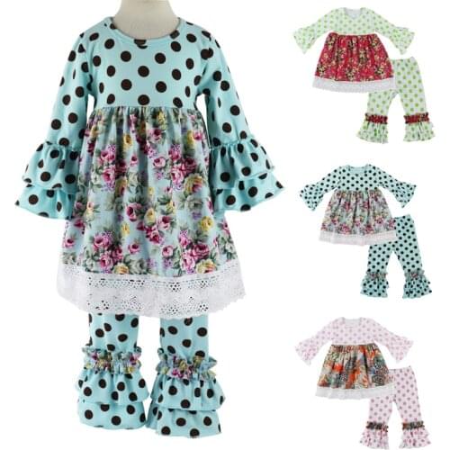 Kids Children Clothing Fall/spring Clothes Girls 2pcs Clothing Sets Polka Dot Ruffle Pant Set Boutique Outfits With Lace Trims