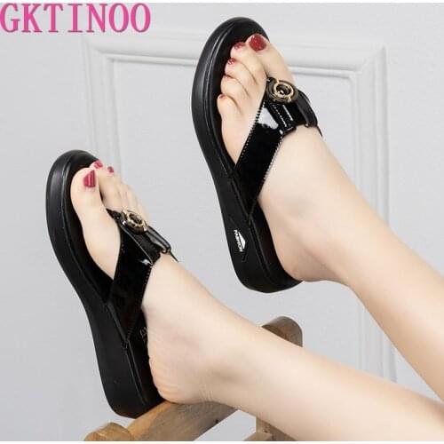 GKTINOO 2021 Summer Women Slippers Patent Leather Slides Shoes Flat Beach Sandals Women Outside Platform Fashion Flip Flop