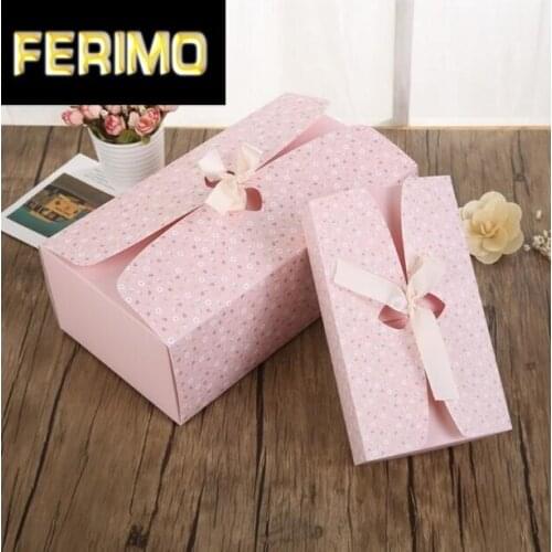 10pcs High-grade Large cardboard Gift box+ribbon packaging wedding, Pink/Blue Rectangle gift paper boxes packing for girls