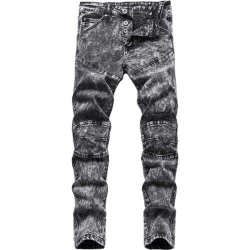 Mens Snow Washed Gray Black Stretch Denim Jeans Trendy Buttons Fly Slim Straight Biker Pants Trousers