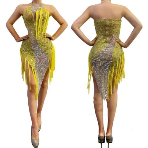 Nightclub Female Singer Stage Performance Rhinestone Fringe Dress Gogo Dancer Bodysuit Women Sexy Festival Rave Outfits DWY5562