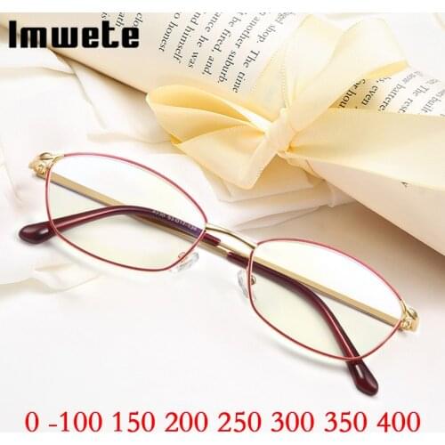 Imwete New Anti Blue Light Blocking Finished Myopia Glasses Women Men Metal Glasses Frames Red -1.0 1.5 2.0 2.5 3.0 3.5 4.0