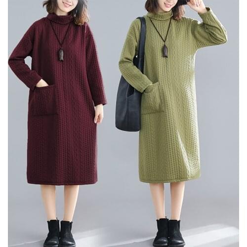 Autumn Winter New Literary Retro Dress Avocado Green High-Necked Mid-Length Dresses Loose Large Size Was Thin Casual Bottoming