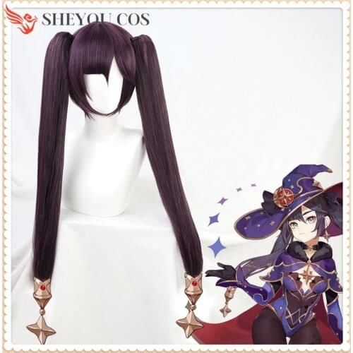 Genshin Impact Mona Cosplay Dark Purple Wig Pigtails Synthetic Long Straight Heat Resistant Halloween Wigs + Free Wig Cap