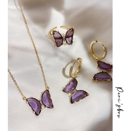 PerisBox Purple Color Butterfly Necklaces translucent Glass Pendant Necklaces for Women Romantic Necklace Summer Jewelry 2020