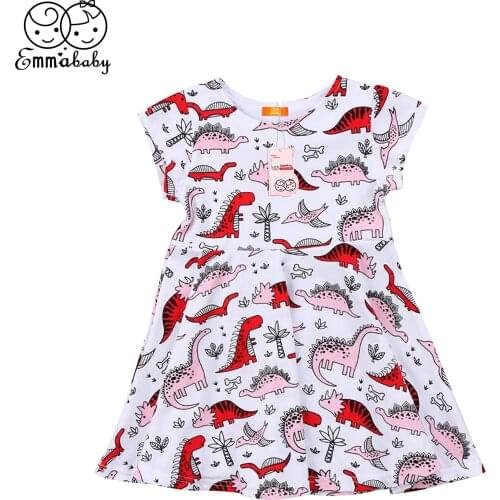 Summer new cute Dinosaur print Dresses Toddler Kids Baby Girl short sleeve Cotton Cartoon Dinosaur Dress lovely kid girl Clothes