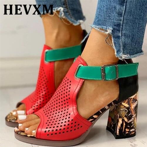 Women Sandals Summer Shoes Flock Block Heels Buckle Strap Ladies Classic Sandals Female Fashion High Heels Zapatos De Mujer