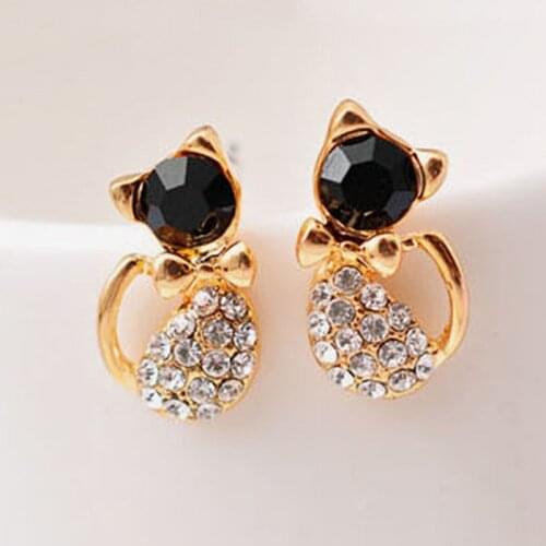 Pendientes New Brinco Fashion Animal Bijoux Cute Crystal Bow Gem Kitty Cat Stud Earrings For Women Wedding Girl Jewelry
