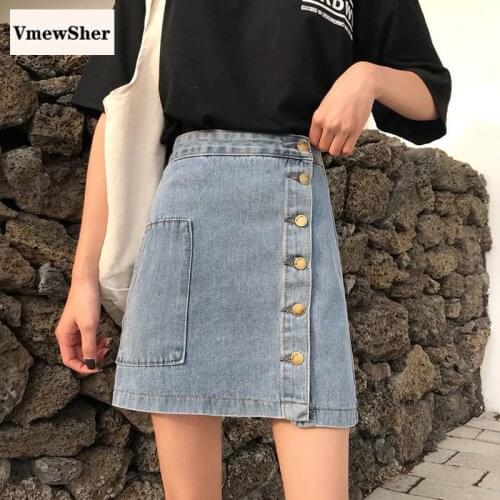 VmewSher New Summer Women Denim Skirt Irregular Single Breasted Fashion Pockets Lady Elegant Short Mini Jean Skirts 2020 Chic