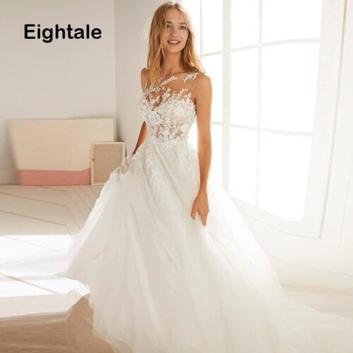 Eightale Romatic Wedding Dress 2019 O-Neck Lace Appliques Tulle See Through Back Princess Boho Wedding Gowns Beach Bridal Dress